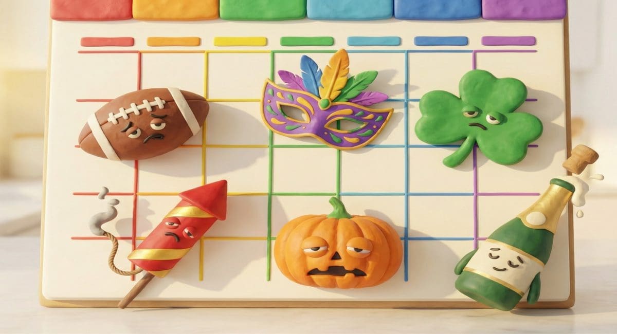 Image of America's biggest drinking holidays displayed as cartoon holiday icons on a calendar.
