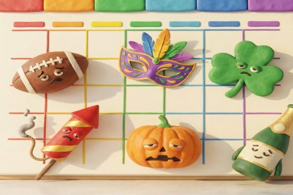 Image of America's biggest drinking holidays displayed as cartoon holiday icons on a calendar.