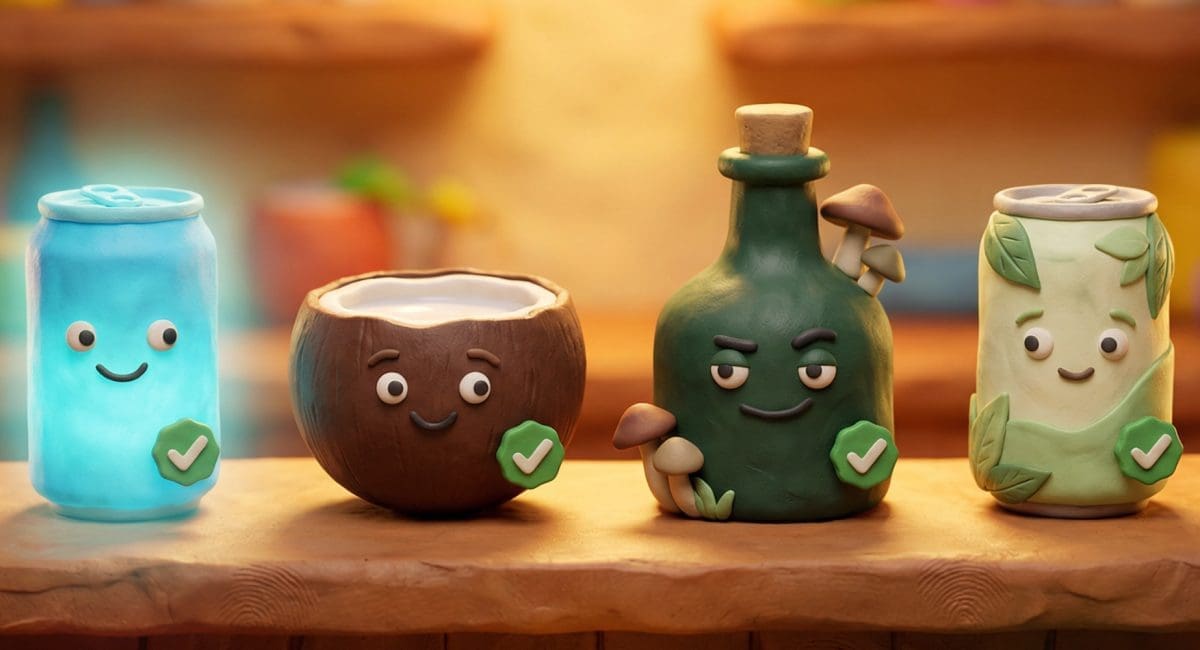 Image of a claymation lineup of the best alcohol alternatives — THC seltzer, kava, functional mushroom tonic, and adaptogen drink.
