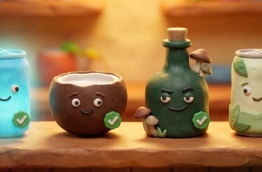 Image of a claymation lineup of the best alcohol alternatives — THC seltzer, kava, functional mushroom tonic, and adaptogen drink.