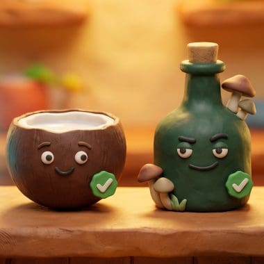 Image of a claymation lineup of the best alcohol alternatives — THC seltzer, kava, functional mushroom tonic, and adaptogen drink.