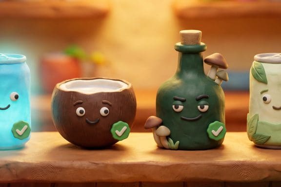 Image of a claymation lineup of the best alcohol alternatives — THC seltzer, kava, functional mushroom tonic, and adaptogen drink.
