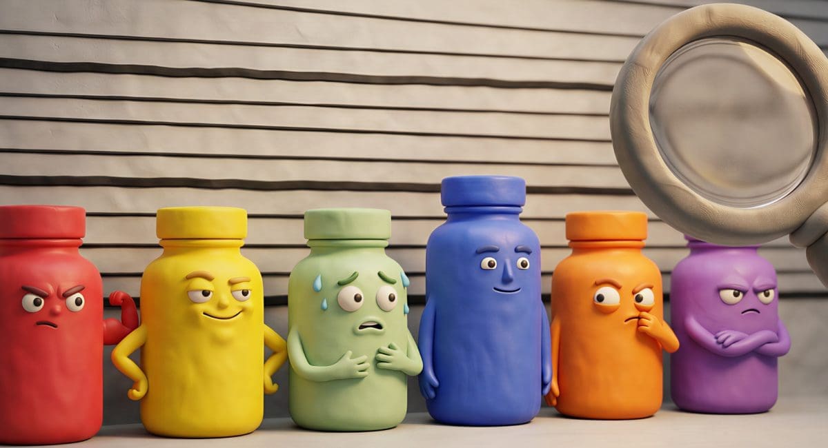 Image of a claymation lineup of medicine bottles for a blog post discussing the best DHM supplements for hangovers.