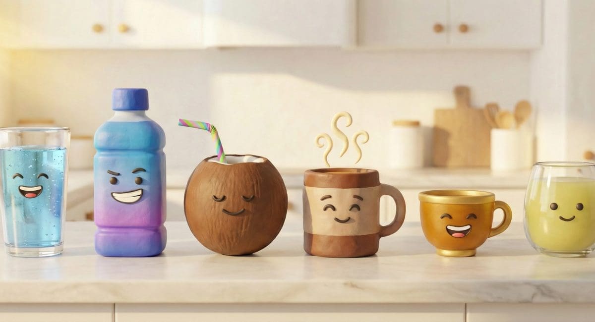 Image of the best hangover drinks lined up on a kitchen counter