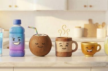 Image of the best hangover drinks lined up on a kitchen counter