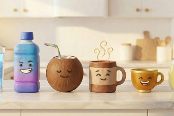 Image of the best hangover drinks lined up on a kitchen counter