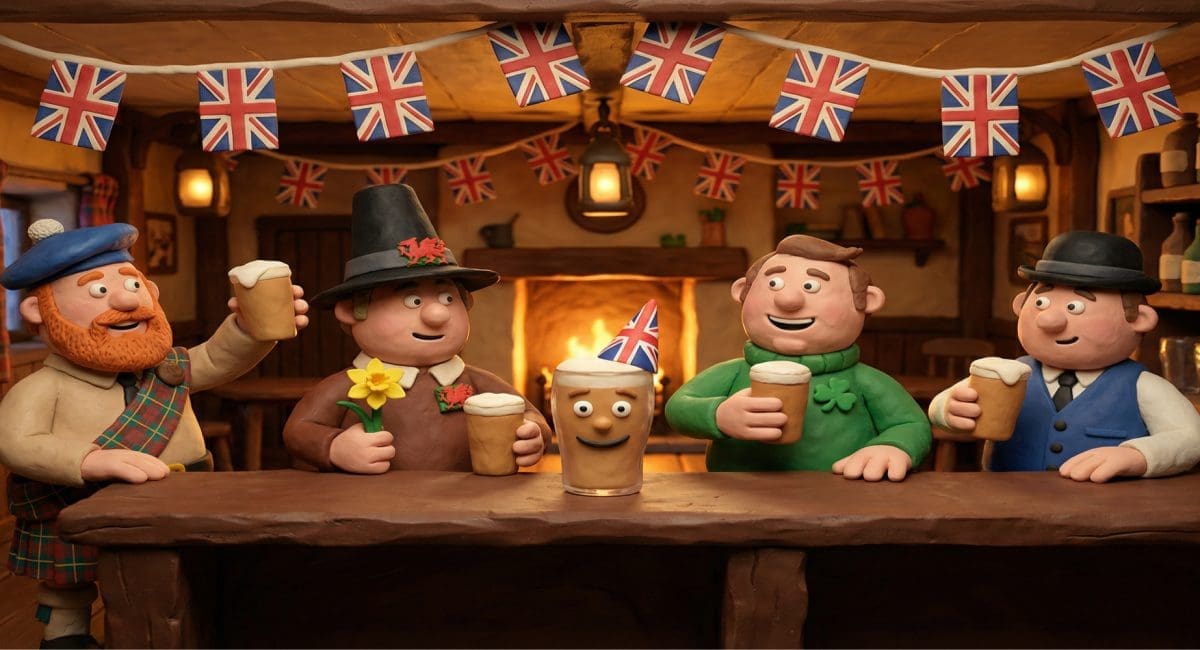 Image of the biggest UK drinking holidays celebrated by cheerful figures in a traditional British pub.