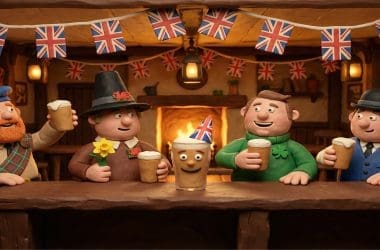 Image of the biggest UK drinking holidays celebrated by cheerful figures in a traditional British pub.