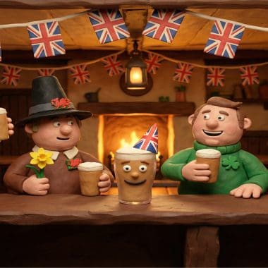 Image of the biggest UK drinking holidays celebrated by cheerful figures in a traditional British pub.