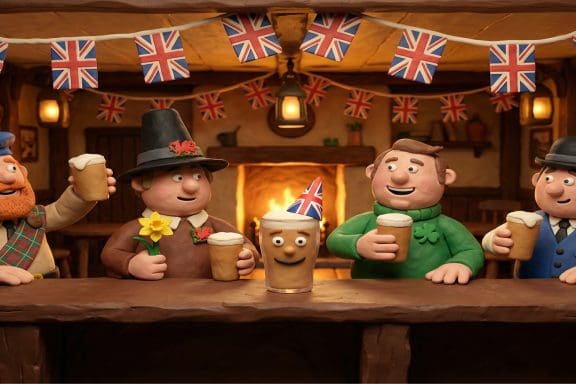 Image of the biggest UK drinking holidays celebrated by cheerful figures in a traditional British pub.