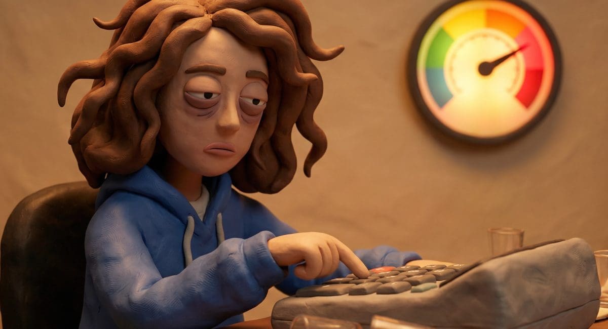 Image of a claymation figure with disheveled hair slumped over a BAC calculator, with a color-coded blood alcohol content gauge on the wall behind her.