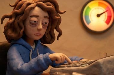Image of a claymation figure with disheveled hair slumped over a BAC calculator, with a color-coded blood alcohol content gauge on the wall behind her.