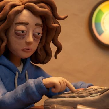 Image of a claymation figure with disheveled hair slumped over a BAC calculator, with a color-coded blood alcohol content gauge on the wall behind her.
