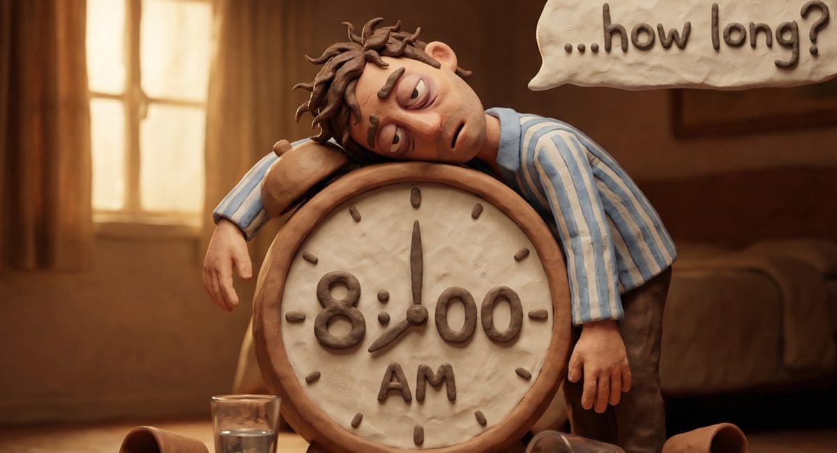 Image of a hungover claymation man slumped over a giant alarm clock showing 8:00 AM, asking how long does a hangover last