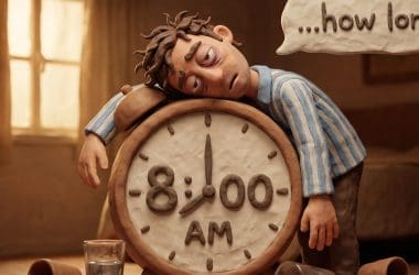 Image of a hungover claymation man slumped over a giant alarm clock showing 8:00 AM, asking how long does a hangover last