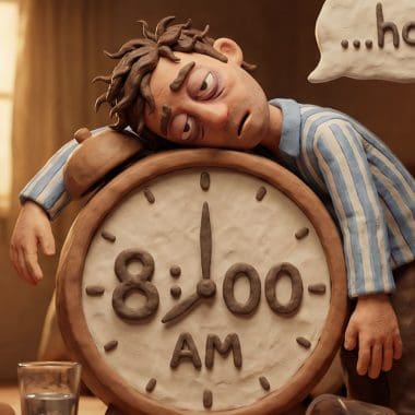 Image of a hungover claymation man slumped over a giant alarm clock showing 8:00 AM, asking how long does a hangover last