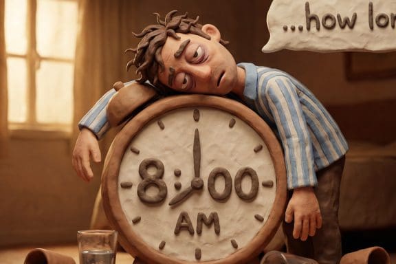 Image of a hungover claymation man slumped over a giant alarm clock showing 8:00 AM, asking how long does a hangover last
