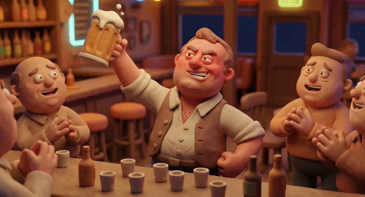 Image of a claymation man raising his beer mug in a bar surrounded by friends for an article discussing why alcohol tolerance doesn't prevent hangovers.