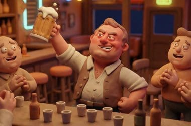 Image of a claymation man raising his beer mug in a bar surrounded by friends for an article discussing why alcohol tolerance doesn't prevent hangovers.