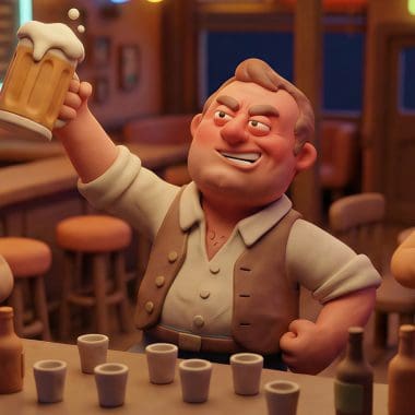 Image of a claymation man raising his beer mug in a bar surrounded by friends for an article discussing why alcohol tolerance doesn't prevent hangovers.
