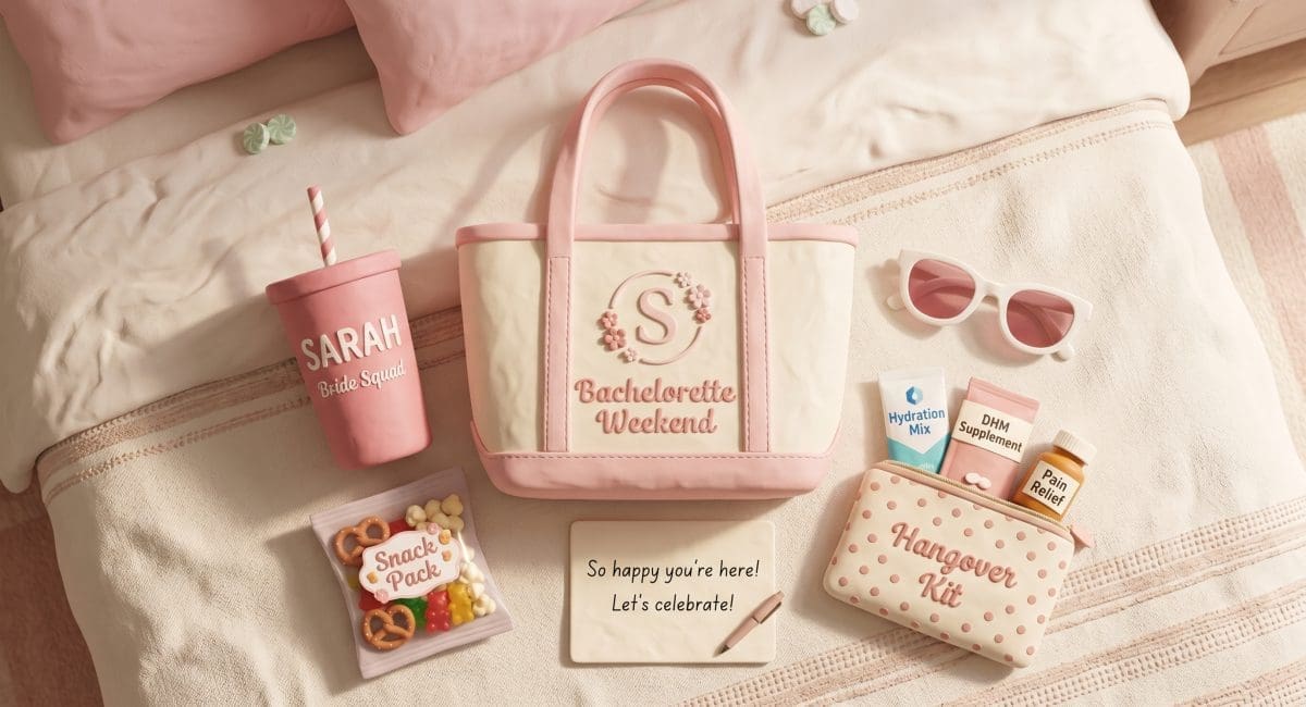 Image of bachelorette party hangover prevention welcome bag flat-lay with DHM, Liquid I.V., Advil, and tumbler.