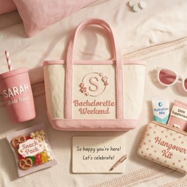 Image of bachelorette party hangover prevention welcome bag flat-lay with DHM, Liquid I.V., Advil, and tumbler.