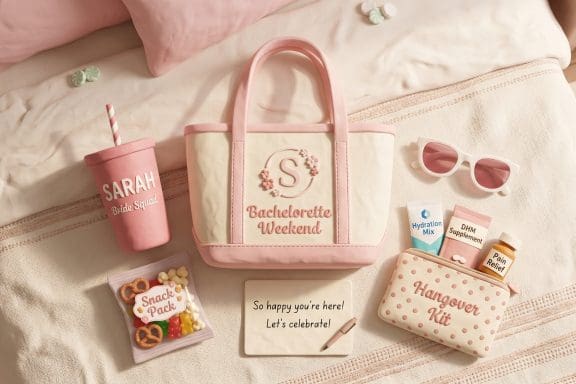 Image of bachelorette party hangover prevention welcome bag flat-lay with DHM, Liquid I.V., Advil, and tumbler.