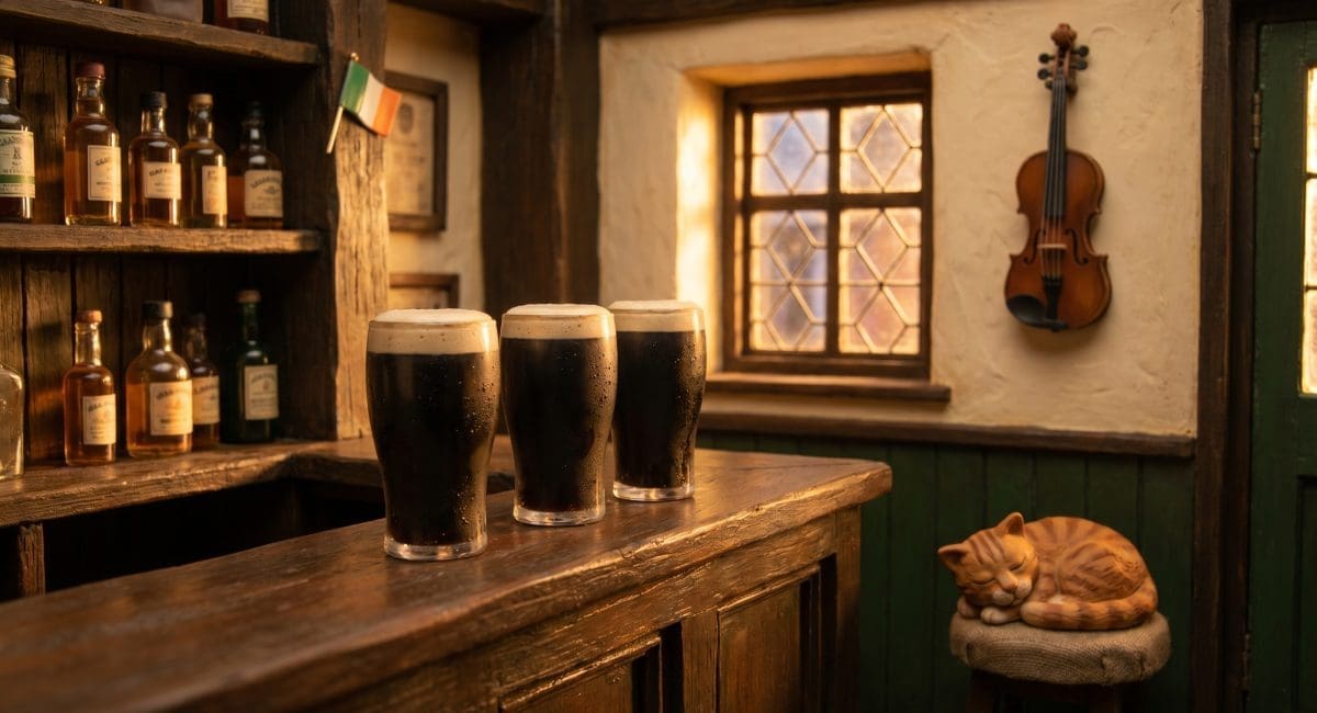Image of biggest drinking days in Ireland scene featuring a claymation Irish pub snug with three pints of Guinness.