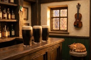 Image of biggest drinking days in Ireland scene featuring a claymation Irish pub snug with three pints of Guinness.