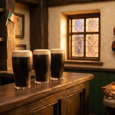 Image of biggest drinking days in Ireland scene featuring a claymation Irish pub snug with three pints of Guinness.