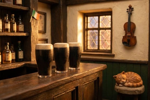 Image of biggest drinking days in Ireland scene featuring a claymation Irish pub snug with three pints of Guinness.
