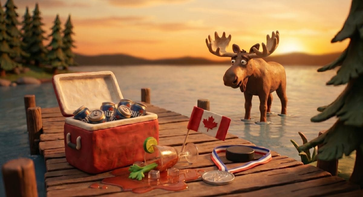 Image of biggest drinking days in Canada featuring claymation cottage dock with a two-four of beer, a Caesar cocktail, and a moose at sunset.