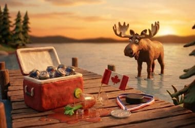 Image of biggest drinking days in Canada featuring claymation cottage dock with a two-four of beer, a Caesar cocktail, and a moose at sunset.