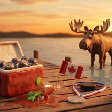 Image of biggest drinking days in Canada featuring claymation cottage dock with a two-four of beer, a Caesar cocktail, and a moose at sunset.