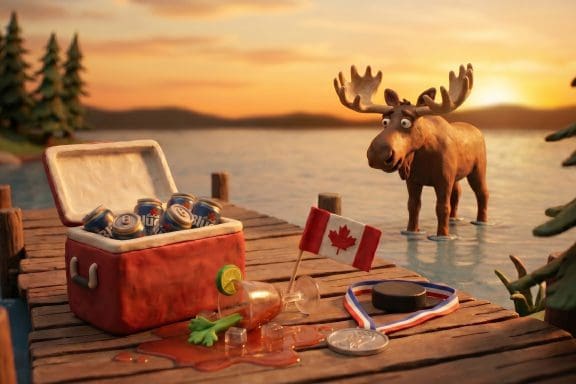 Image of biggest drinking days in Canada featuring claymation cottage dock with a two-four of beer, a Caesar cocktail, and a moose at sunset.