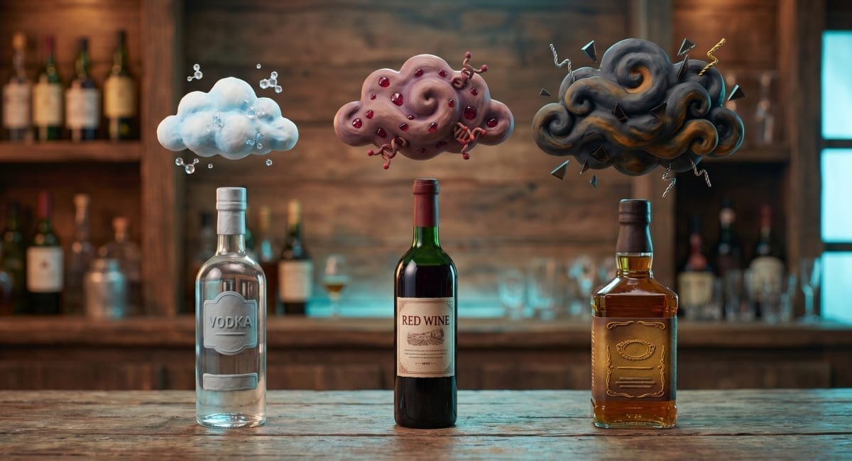 Image of different alcohol hangovers compared — vodka, red wine, and whiskey bottles with molecular congener clouds.