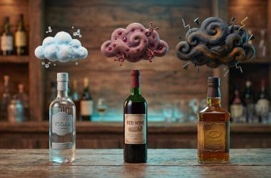 Image of different alcohol hangovers compared — vodka, red wine, and whiskey bottles with molecular congener clouds.