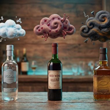 Image of different alcohol hangovers compared — vodka, red wine, and whiskey bottles with molecular congener clouds.