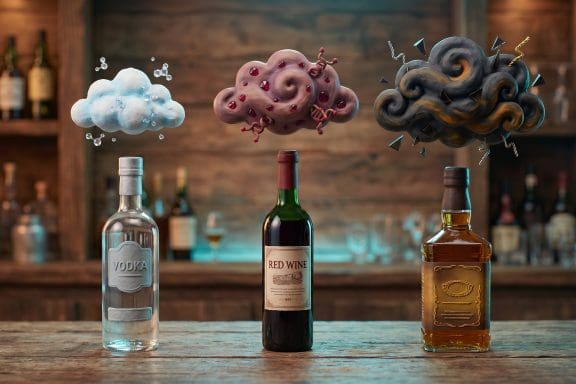 Image of different alcohol hangovers compared — vodka, red wine, and whiskey bottles with molecular congener clouds.