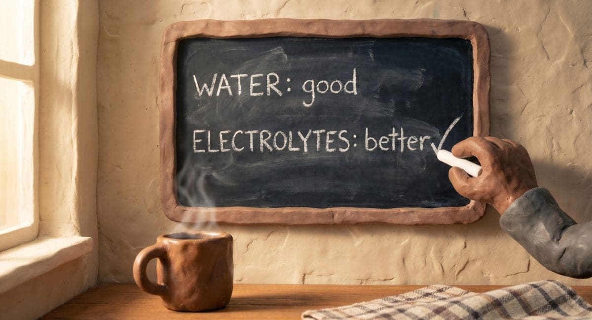 Image of drinking water prevent hangover — claymation character holding a cocktail and a glass of water at a bar.