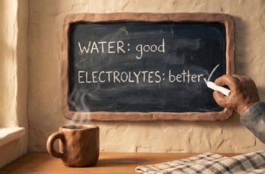 Image of drinking water prevent hangover — claymation character holding a cocktail and a glass of water at a bar.