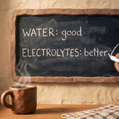 Image of drinking water prevent hangover — claymation character holding a cocktail and a glass of water at a bar.