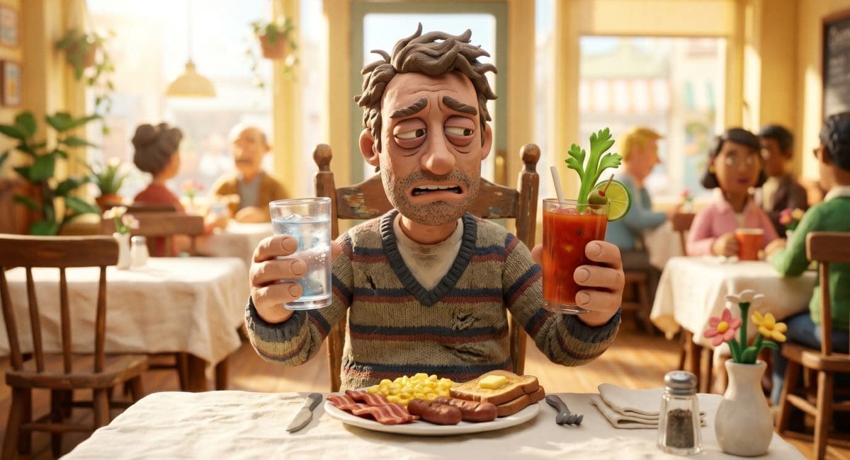 Image of hair of the dog cure decision with Bloody Mary and water glass at brunch.