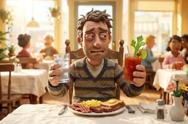 Image of hair of the dog cure decision with Bloody Mary and water glass at brunch.