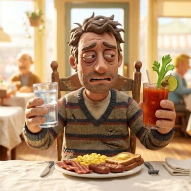 Image of hair of the dog cure decision with Bloody Mary and water glass at brunch.