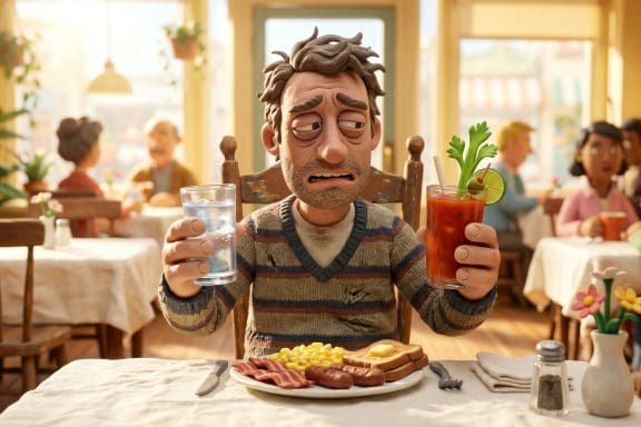 Image of hair of the dog cure decision with Bloody Mary and water glass at brunch.