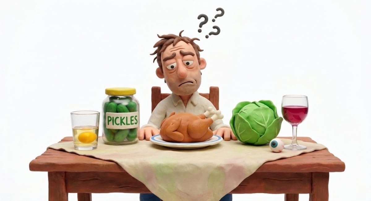 Image of hangover myths and remedies from around the world including pickle juice raw eggs and herring.