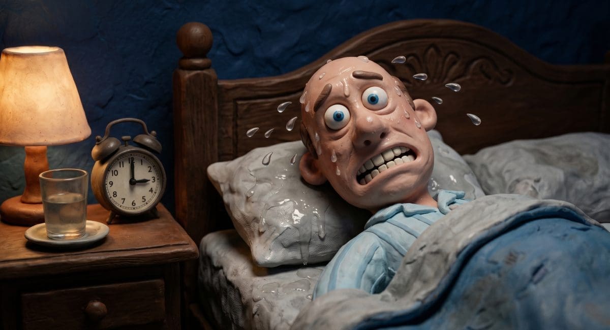 Image of hangover night sweats showing a claymation character drenched in sweat at 3 AM.