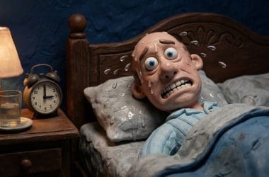 Image of hangover night sweats showing a claymation character drenched in sweat at 3 AM.