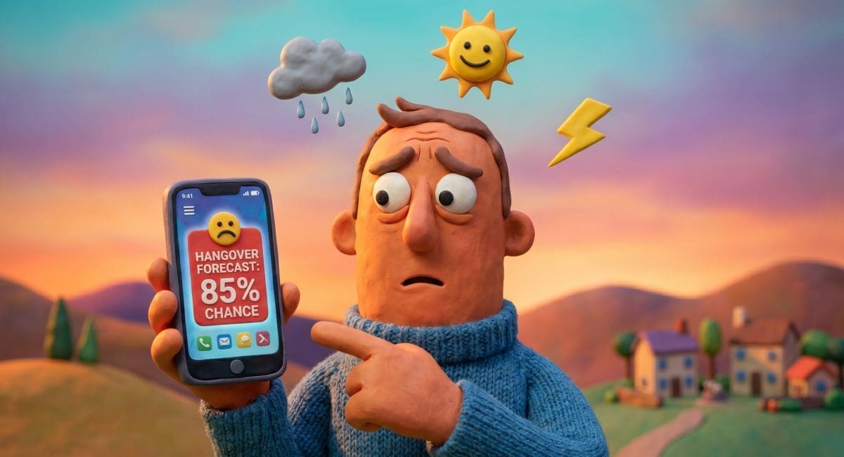 Image of hangover risk forecaster tool on smartphone with weather forecast icons